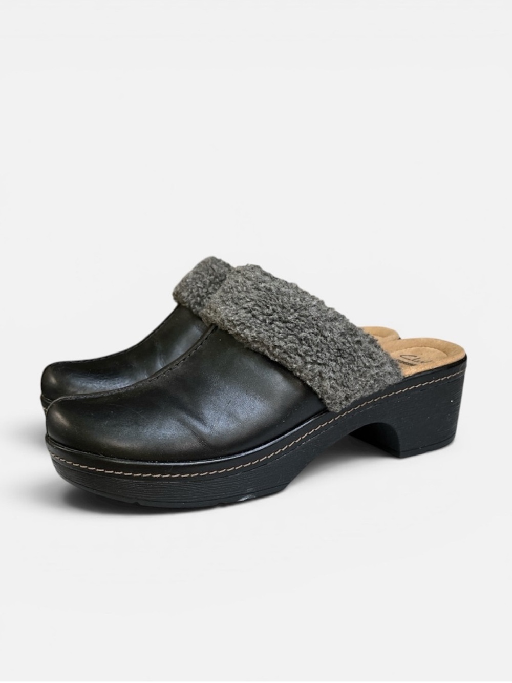 Clarks Preslet Grove Leather Slip-on Mule/Clogs Shearling Lined in Black Size 9